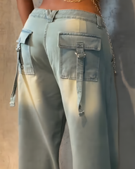 Fashionable Slim Cargo Style Wide-Leg Denim Jeans
