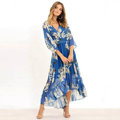Womens Sophisticated Celebrity-Style Printed Deep-V Chiffon Dress