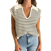 V Neck Cap Sleeve Sweater Vest Sleeveless Collared Striped Knit Tank Tops