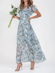 Flowers Print Short Sleeve Dress Ruffle Beach Dresses Clothing