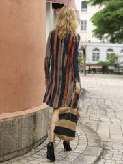 Printed Striped V-neck Pocket Long Sleeve Dress Women