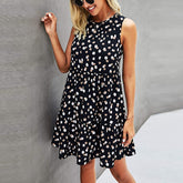 Dot Print Sleeveless Loose Swing T-Shirt Dress With Pocket Casual Tank Mini Dresses Sundress