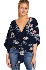 V Neck Blouse Leopard Print Shirts Floral Tie Front Blouses Batwing Oversize Ladies Tops