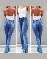 Elastic Slit Flared High Waist Jeans Trousers