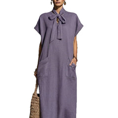 V-neck Lace-up Short-sleeve Solid-color Loose Casual Dress