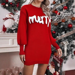 Knitted Round Neck Lantern Sleeve Pullover Sheath Dress