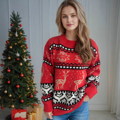 Christmas Casual Red Deer Jacquard Long-sleeved Round Neck Sweater
