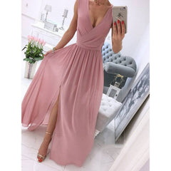 Sleeveless And Ankle Skirt Solid Color V-neck Front Split Long Dress