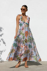 Printed V-neck Large Swing Suspender Dress