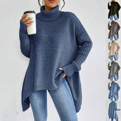 Irregular Turtleneck Sweater Loose Long Sleeve Knitted Tops Leisure Warm Pullover Sweater Clothing