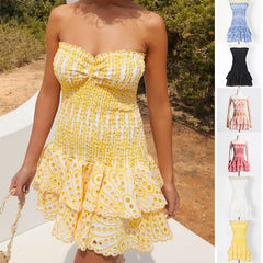 Y2K Tube Top Pleated Mini Dress �INS Printed A-Line Beach Party Dress for Women