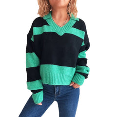 Contrast Color Striped Knitted Lapel Commuter Long Sleeve Sweater