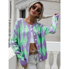 Sweater Single-breasted Printed Round Neck Knitted Cardigan Jacket