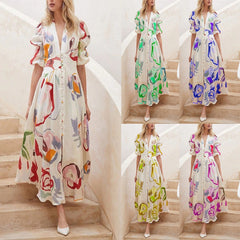 Print Dresses For V-neck Button Short Sleeve Dress