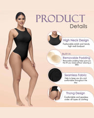 Shapewear Bodysuit for Tummy Control Tops High Neck Sleeveless Bodysuit Thong Sculpting with Removable Padding