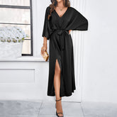 V-Neck Bat Sleeve Long Dress �Split Design, High Waist, Lace-Up Elegant Fit
