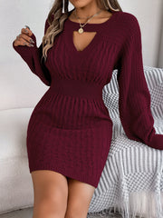 Solid Color Cable Knit Hollow Out Lantern Sleeve Bodycon Sweater Dress