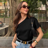 Irregular Collar Matte Color Tops Women