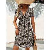 Vibrant Leopard Print Twist Front V Neck Casual Short Sleeve Bodycon Mini Dresses