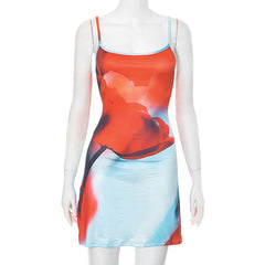 Flowers Printed Suspender Dress Slim Square Neck Short Dresses Beach Clothing For Women