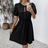 Retro Striped Dress Round Neck Bowknot Lace-up Dress