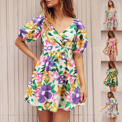 Flowers Print V-Neck Lantern-sleeve Dress Y2K Vacation Beach Short Dresses Womens Clothing
