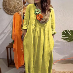 Casual Solid Color Cotton And Linen Pocket Dress