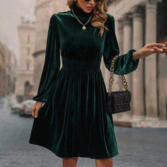 Mock Neck Velvet Midi Dress, Smocked Waist Long Sleeve Casual Dress