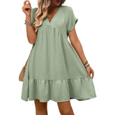Ruffle-Trimmed V-Neck Solid-Color Resort Dress