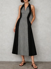 Womens Shirts Collar Defined Waistline Striped Long Swing Dress