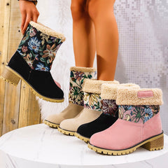Flowers Embroidered Snow Boots Ethnic Style Platform Thick Square Heel Mid-tube Boot Warm Cotton Shoes For Women