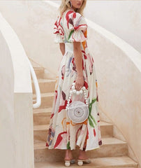 Print Dresses For V-neck Button Short Sleeve Dress