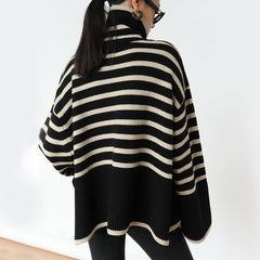 Striped Turtleneck Sweater Casual Loose Slit Design Sweater Tops Womens Clothing