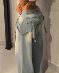 Fashionable Slim Cargo Style Wide-Leg Denim Jeans