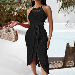 Halter Neck Ruched Bodycon Midi Dresses Elegant Sleeveless Cocktail Party Dress