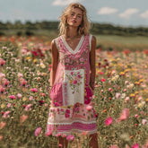 Womens Retro Bohemian Rose Embroidered Dress