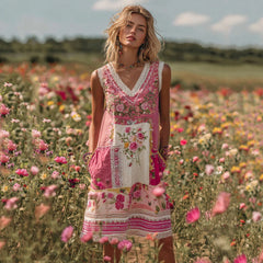 Womens Retro Bohemian Rose Embroidered Dress