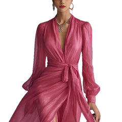 Casual Court-Style V-Neck Lace-Up Puff-Sleeve Dress