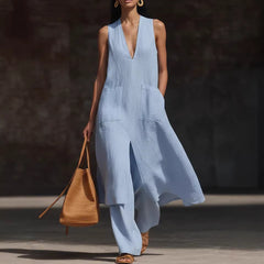 Casual Style V-Neck Sleeveless Dress Set
