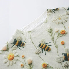 Knitted Sweater Sweater Round Neck Printed Bee Flower Top