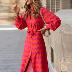 Printed Lace-Up Contrast Boho Slit Dress
