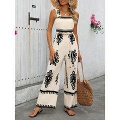 Boho Jumpsuits One Piece Beach Vacation Outfits Shirred Strap Wide Leg Pants Rompers With Pockets