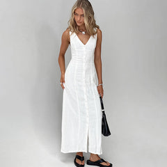 Commuter White Waisted Temperament Straight Split V-neck Cotton And Linen Dress