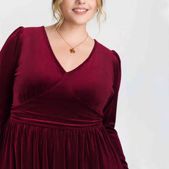 V-neck Pleated High-waist Plus-size Midi Dress