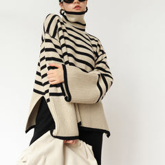 Striped Turtleneck Sweater Casual Loose Slit Design Sweater Tops Womens Clothing
