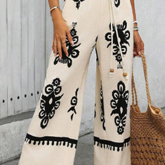 Boho Jumpsuits One Piece Beach Vacation Outfits Shirred Strap Wide Leg Pants Rompers With Pockets