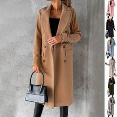 Double Breasted Lapel Coat Solid Slim Long Jacket Long Sleeve Tops Womens Clothing