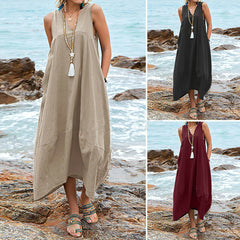 Cotton And Linen V-neck Pocket Casual Dress