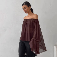 Dark Brown Off-shoulder Ruffle Top Thin Long Sleeve Chiffon Shirt