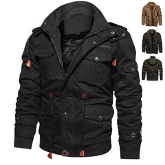Zip-up Coat Warm Thickened Detachable Hooded Jacket Multi-pocket Button Drawstring Long Sleeve Tops Men's Cargo Clothing